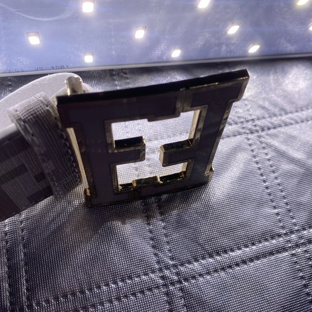 FF Monogram Fashion Belt White Gray Gold Tone F Buckle Size 36/45